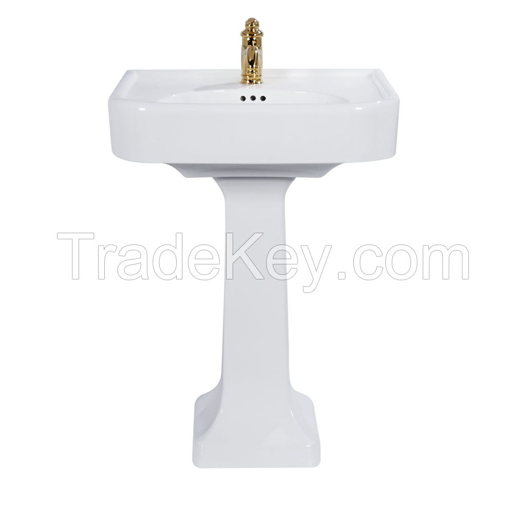 Bathroom glassy white ceramic porcelain rectangle freestanding pedestal sink