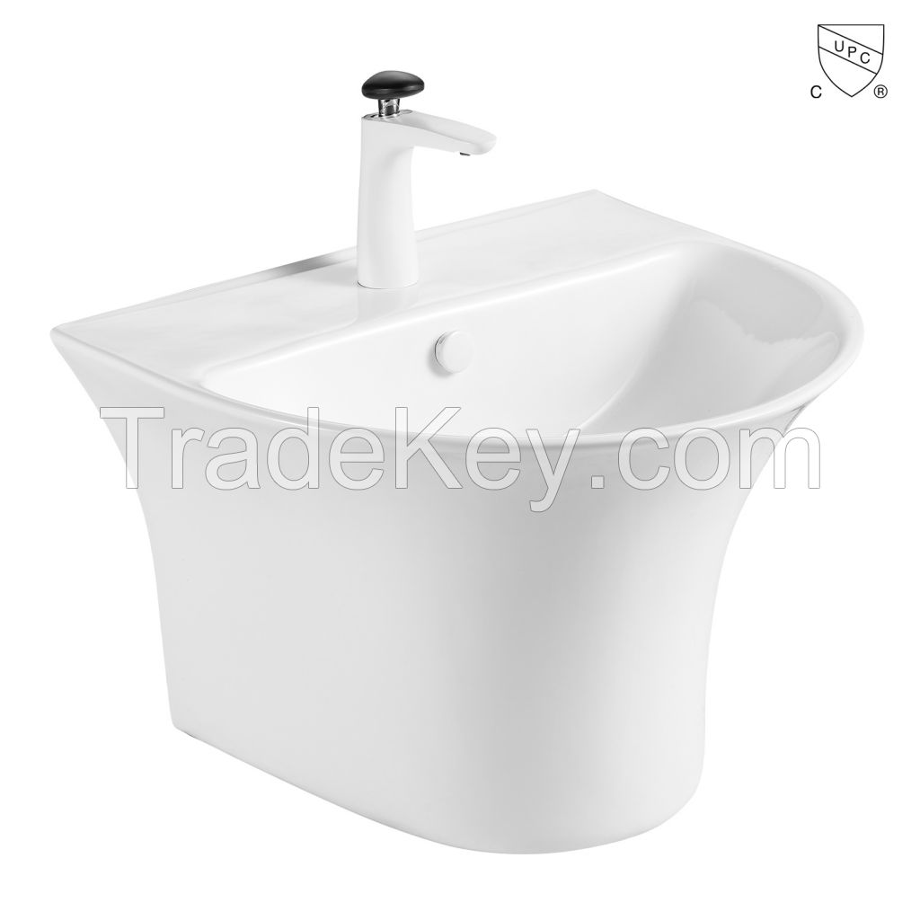 Wholesale bathroom handmade ceramic CUPC certified glassy white oval wall mount sink