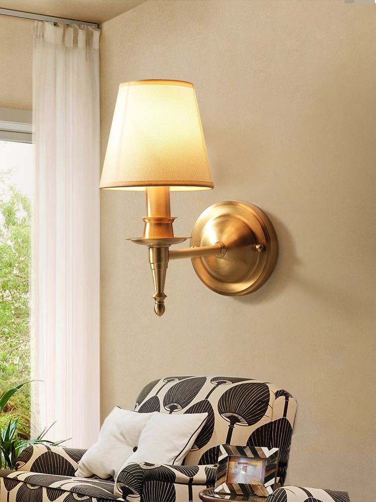 E14 bulbs linen clothing cover hotel Home Bedside Nordic Indoor Modern brass copper fabric lampshade Sconce Wall Lamp LED Crystal Wall Light