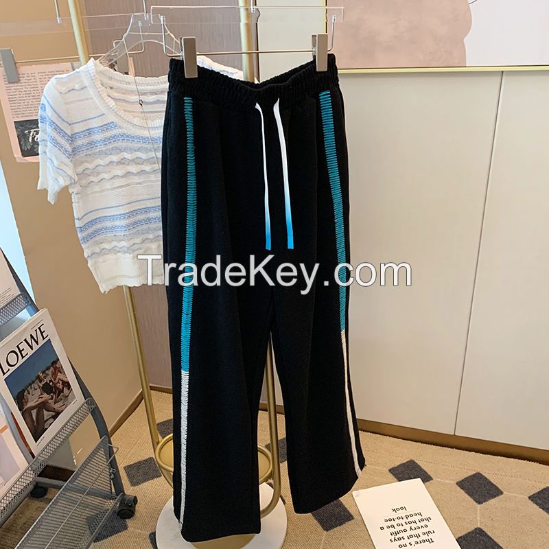 Design sense collision color line high waist wide leg pants women's fall 2022 new loose athleisure straight leg sweatpants