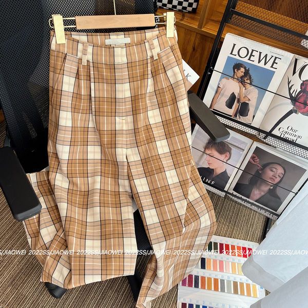 European goods check wide leg pants women summer new high waist drape