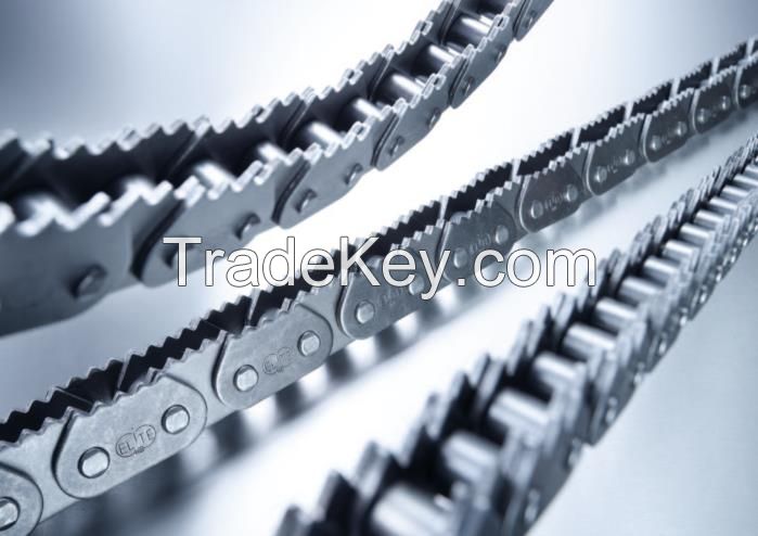 Roller chains with saw tooth plates