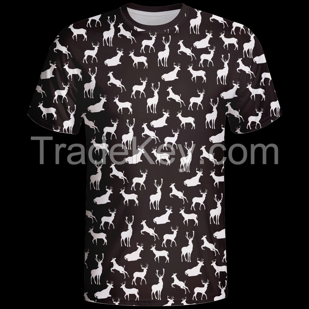 100% Polyester T-Shirt with Short Sleeves with  White Deer Pattern