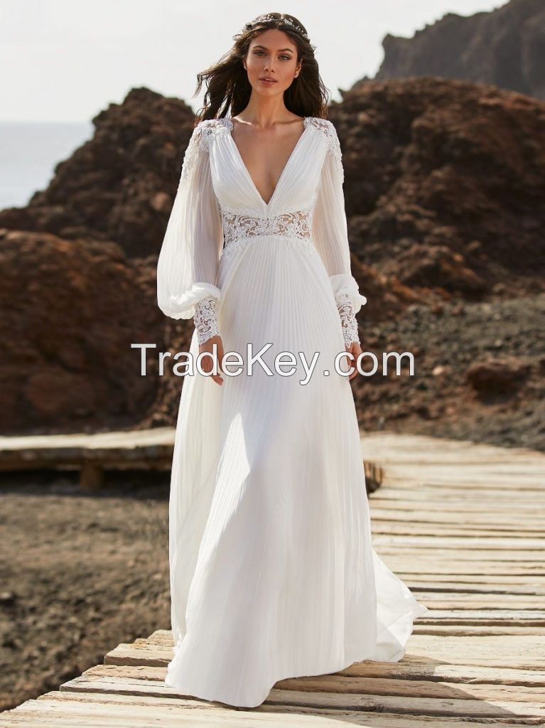 Modest A Line Wedding Dress Chiffon Long Sleeve Bridal Gown Deep V-Neck Applique Boho Wedding Gowns