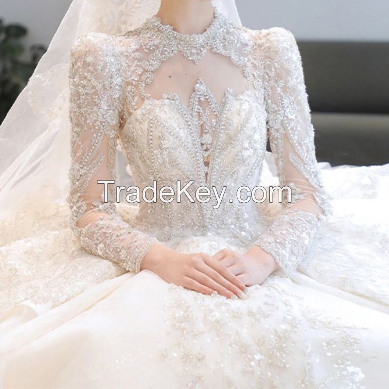 Luxury Wedding Prom Dresses for Women 2022 Bride Beaded Ball Gown