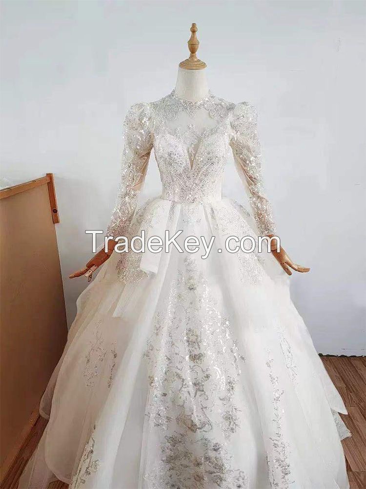 Luxury Wedding Prom Dresses for Women 2022 Bride Beaded Ball Gown