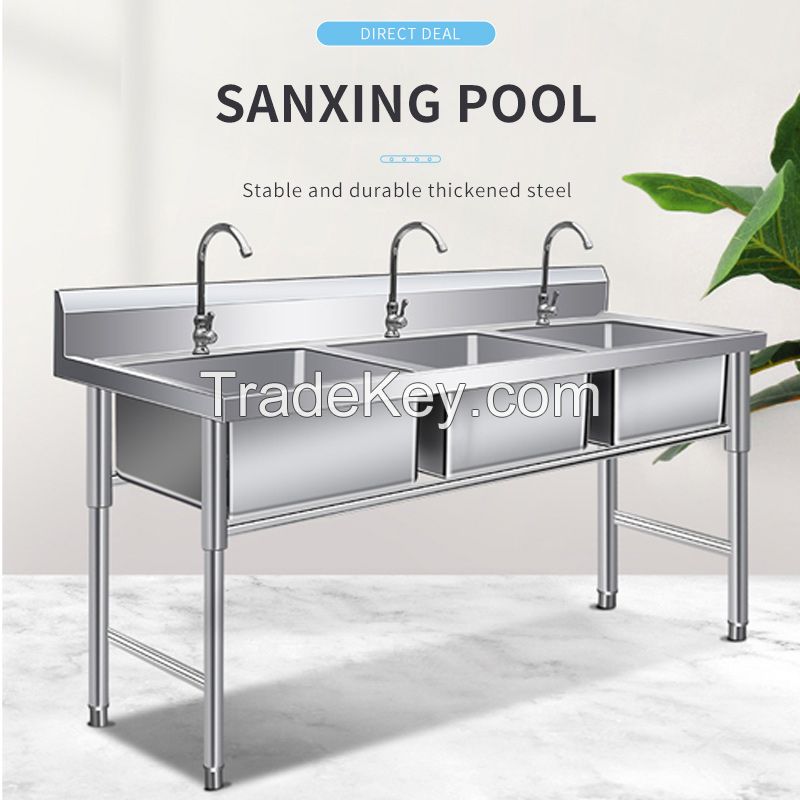  304 stainless steel sink thickened commercial three-slot three-eye three-connected pool Samsung three-pool sink wash vegetable 