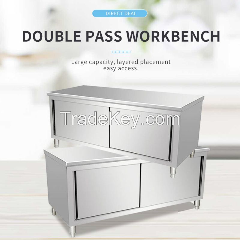 Commercial stainless steel workbench kitchen console double-passsliding door lotus storage locker