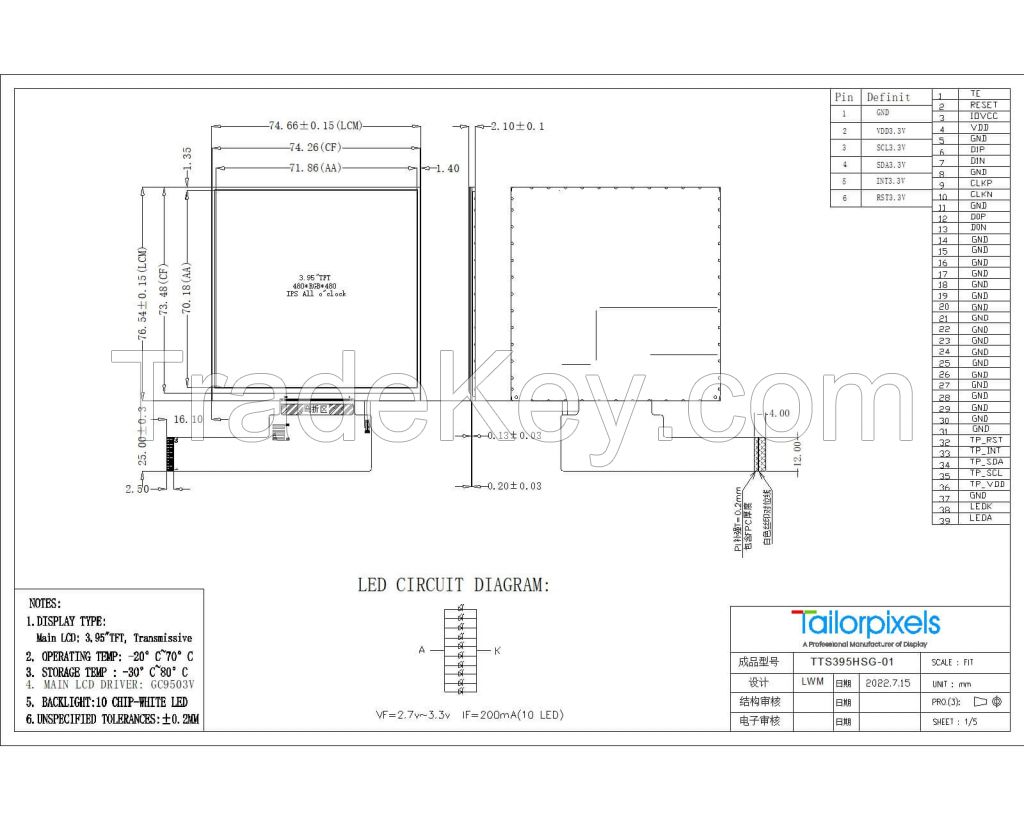 3.95 inch IPS TFT LCD, MIPI, Square, 480x480