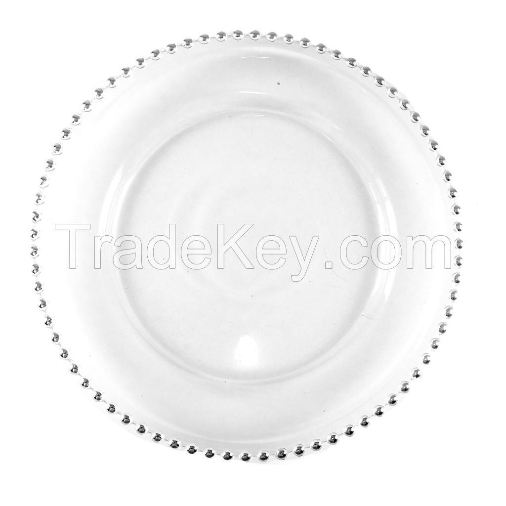 13 Inch Transparent Glass Edge Round Beads Multicolor Optional Wedding Tabletop Decoration Plate Glass Charger Plates