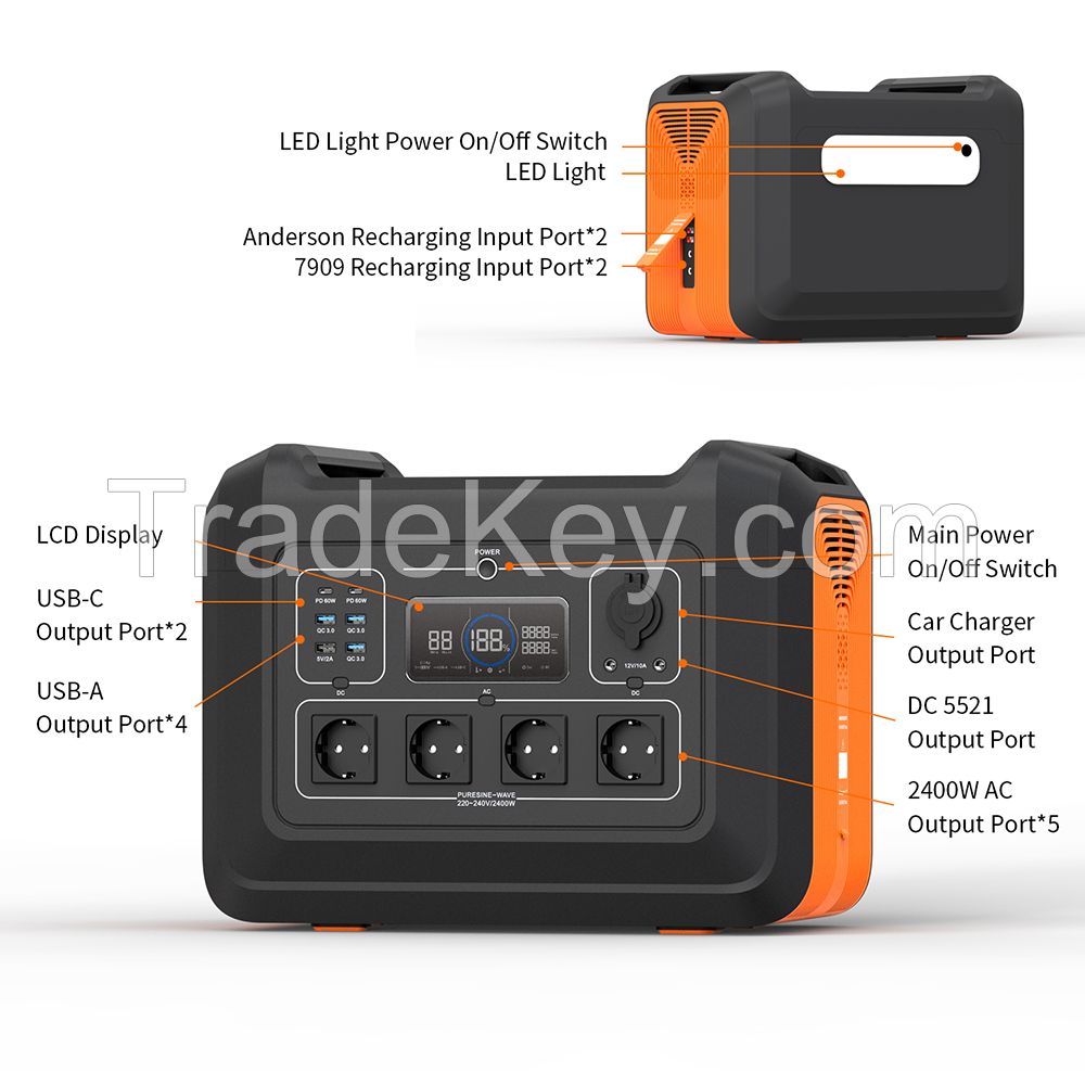 2400W LiFePO4 Battery Portable Power Station Solar Generator