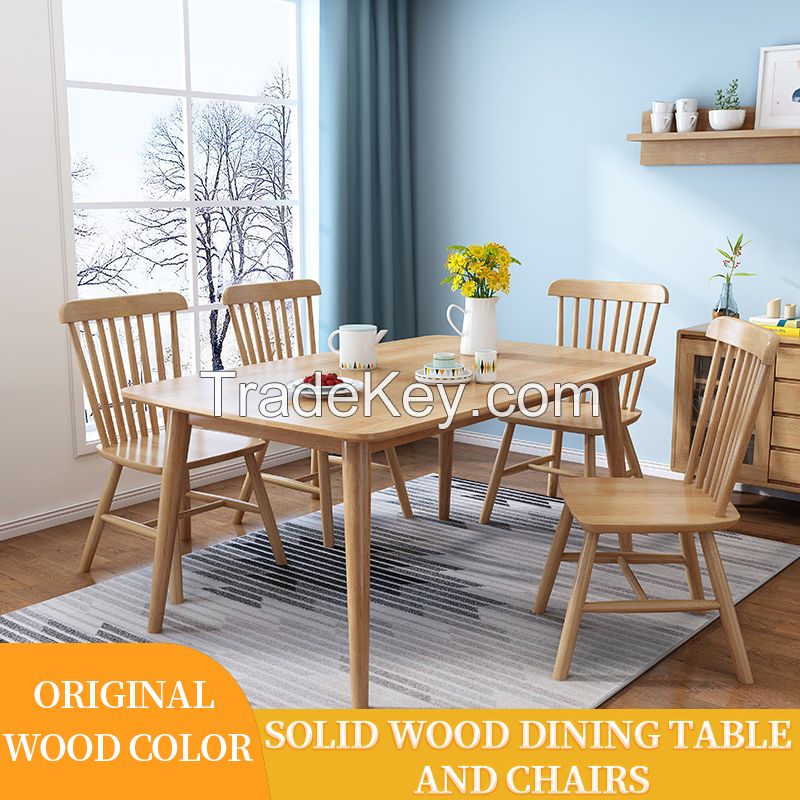 Scandinavian all solid wood dining table multiple colors to choose from modern minimalist rubber wood table and chairs set.