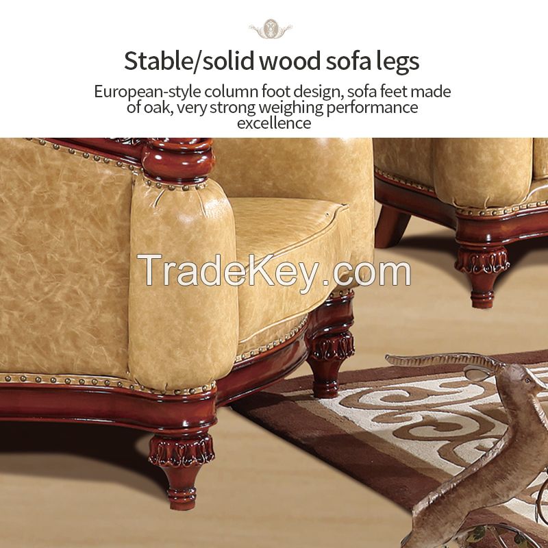 European leather sofa neo-classical villa high-end luxury living room large solid wood cowhide furniture