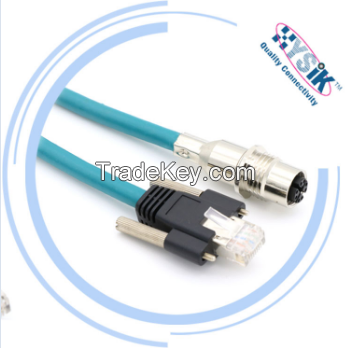 Ethernet M12 X code to RJ45 blue metal male plug molded 8pin TPU PVC jacket Cat6e cable connector