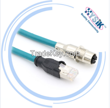 Ethernet M12 X code to RJ45 blue metal male plug molded 8pin TPU PVC jacket Cat6e cable connector