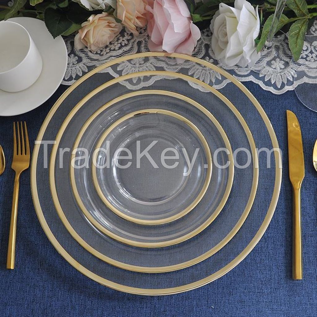 Wholesale Large Inventory Restaurant Hotels Gold Black Rim Clear Dinner Plate Wedding Glass Charger Plates Sets Dinnerware Sets