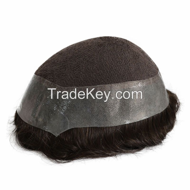 Lace Pu Remy Human Hair Toupee for Men Double Knots