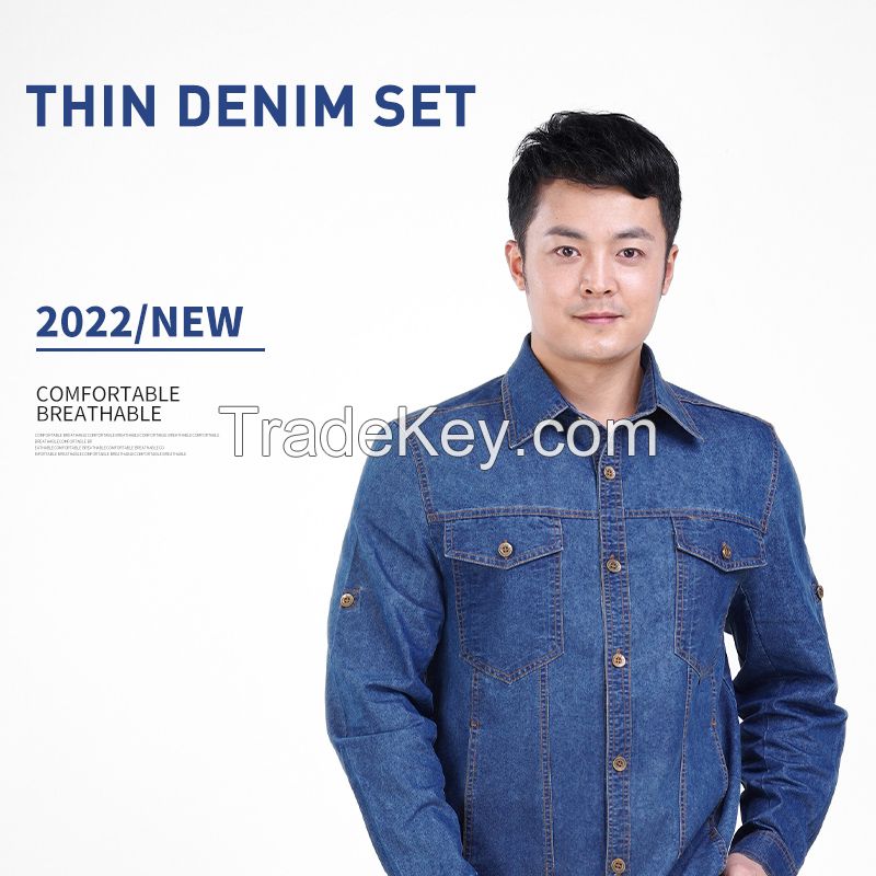 Summer thin denim men's auto repair cotton labor protection clothes welder factory maintenance wear-resistant breathable long sleeved electric welding work clothes denim suit Height 160-190, wearable Starting from 10 sets