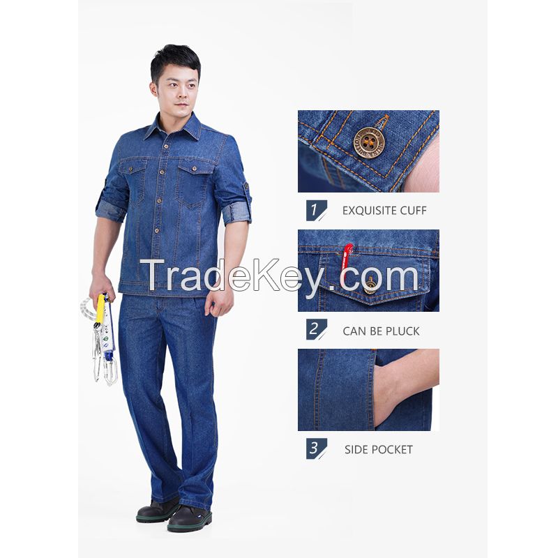 Summer thin denim men's auto repair cotton labor protection clothes welder factory maintenance wear-resistant breathable long sleeved electric welding work clothes denim suit Height 160-190, wearable Starting from 10 sets