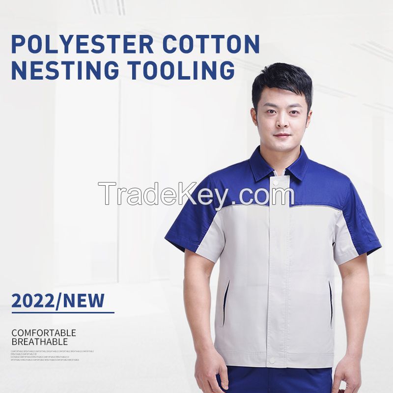 Work clothes suit men's short sleeved summer work clothes workshop clothes property maintenance engineering clothes work clothes uniform short sleeved blue and white suit Height 160-190, wearable Starting from 10 sets