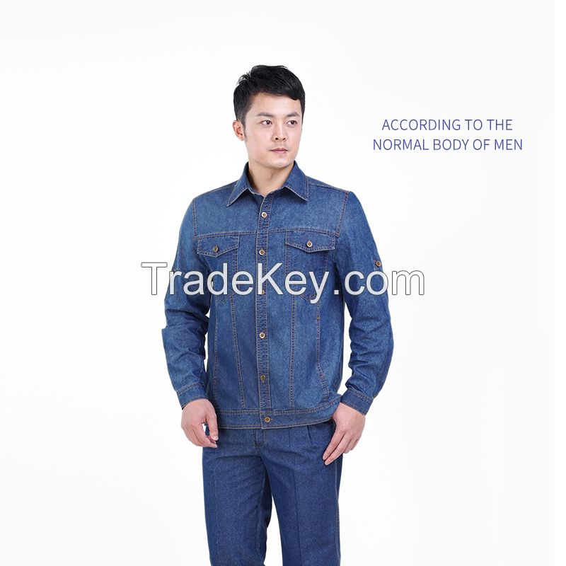 Summer thin denim men's auto repair cotton labor protection clothes welder factory maintenance wear-resistant breathable long sleeved electric welding work clothes denim suit Height 160-190, wearable Starting from 10 sets