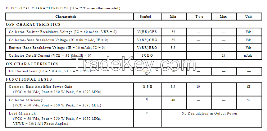 MRF10150 RF Line Microwave Pulse Power Transistor for 1025Ã¢ï¿½ï¿½1150 MHz pulse common base amplifier applications TCAS, TACAN and ModeÃ¢ï¿½ï¿½S transmitt