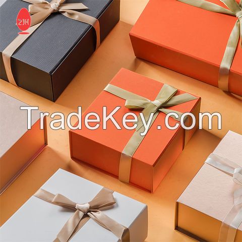 Packaging Box Foldable Orange Cardboard Paper Gift Box Magnetic Rigid Packaging Box with Ribbon