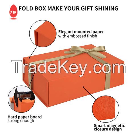 Packaging Box Foldable Orange Cardboard Paper Gift Box Magnetic Rigid Packaging Box with Ribbon