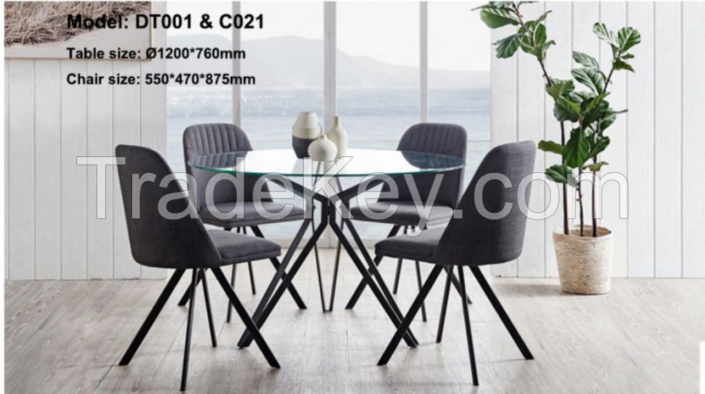 tempered glass top metal feet dining table and fabric chairs