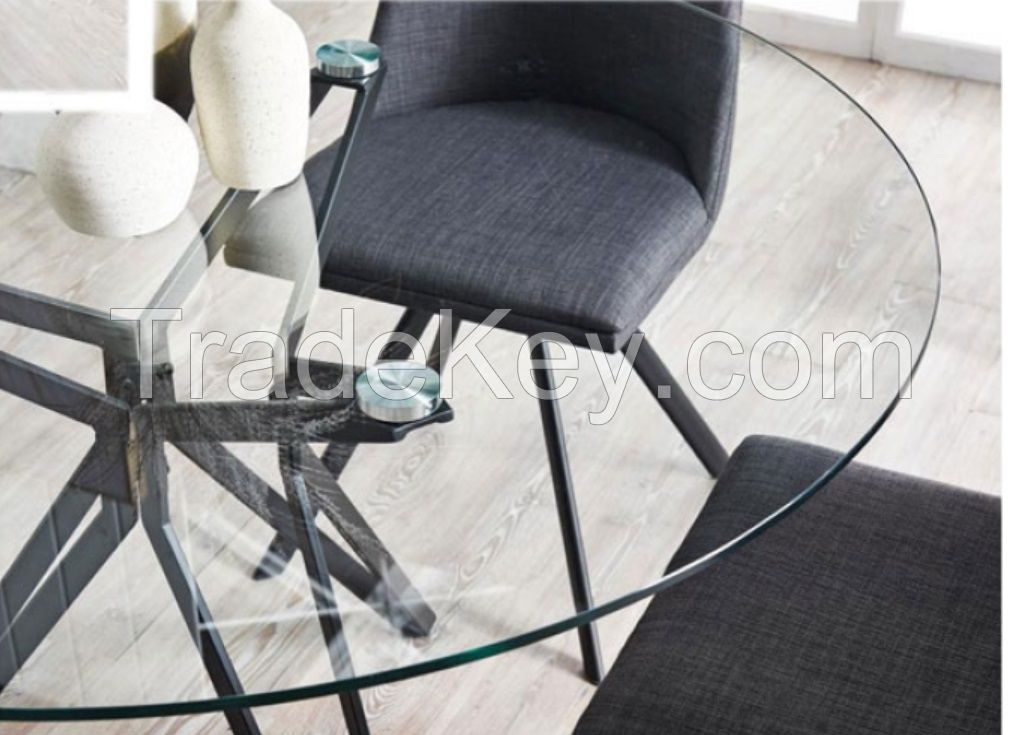 tempered glass top metal feet dining table and fabric chairs