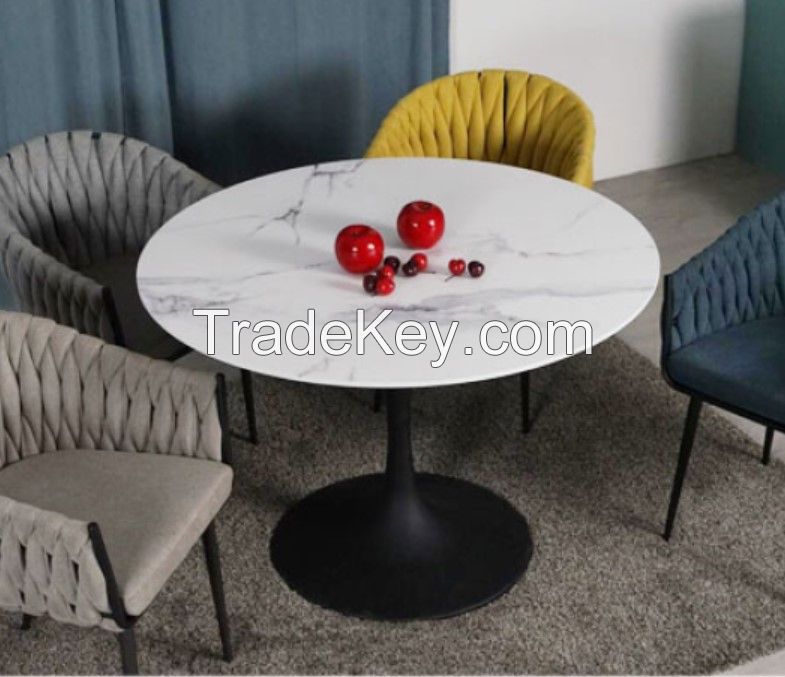 ceramics top metal feet dining table fabric chair