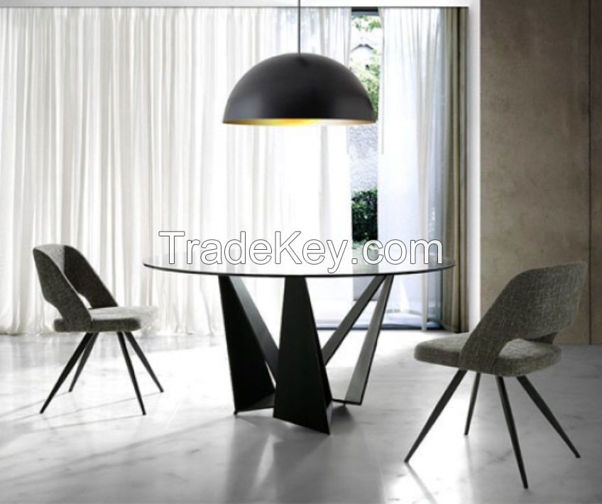 tempered glass top metal feet dining table and fabric chairs