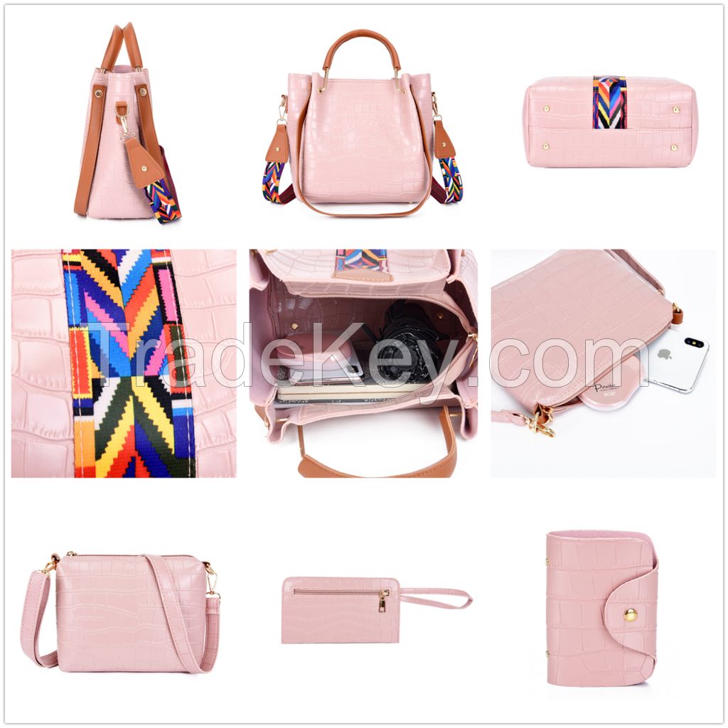 Fashion Stone Pattern Handbag, High-Grade Leather, Color Ribbon Decora