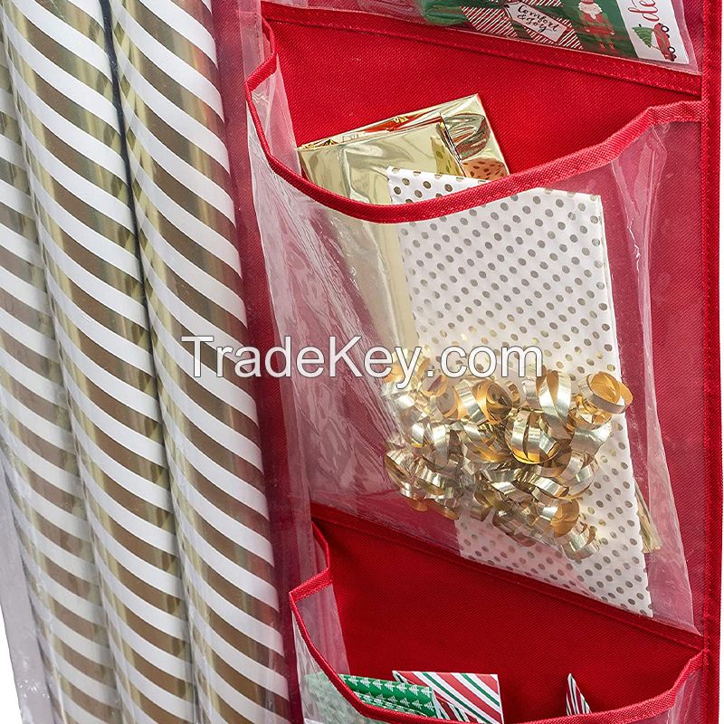 Christmas Storage Organizer Hanging Pouch - Visible Pockets - Behind Door Holiday Wrapping Paper Organizer Hanger 18.5x2.5 - Great for Gift Wrapping, Bags, Ribbons, Bows, Cards, Packing Supplies , ect