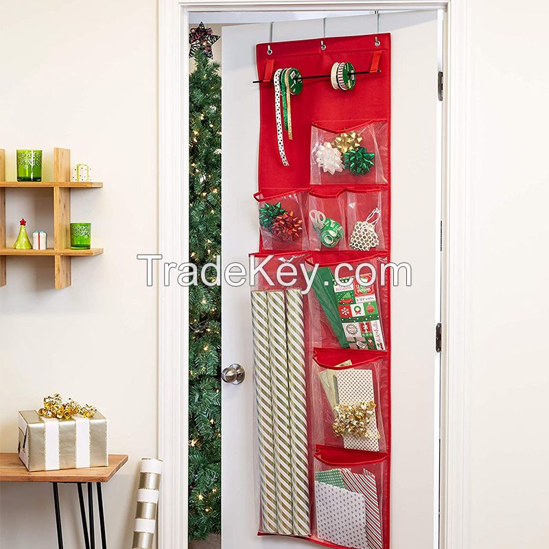 Christmas Storage Organizer Hanging Pouch - Visible Pockets - Behind Door Holiday Wrapping Paper Organizer Hanger 18.5x2.5 - Great for Gift Wrapping, Bags, Ribbons, Bows, Cards, Packing Supplies , ect