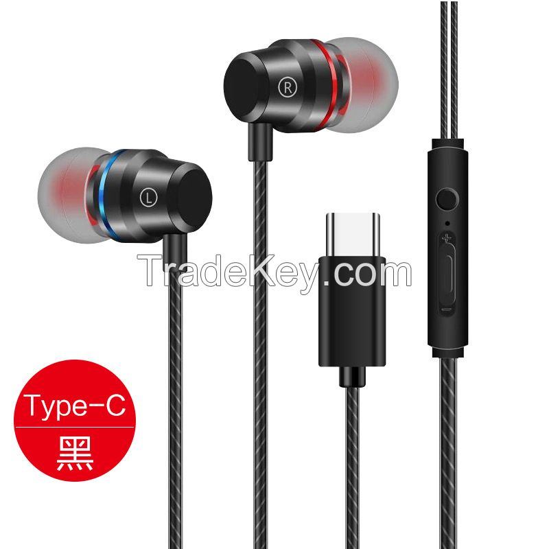 Type-C metal in-ear wired cell phone headset universal in-line tuning 3.5mm red and blue circle earbuds