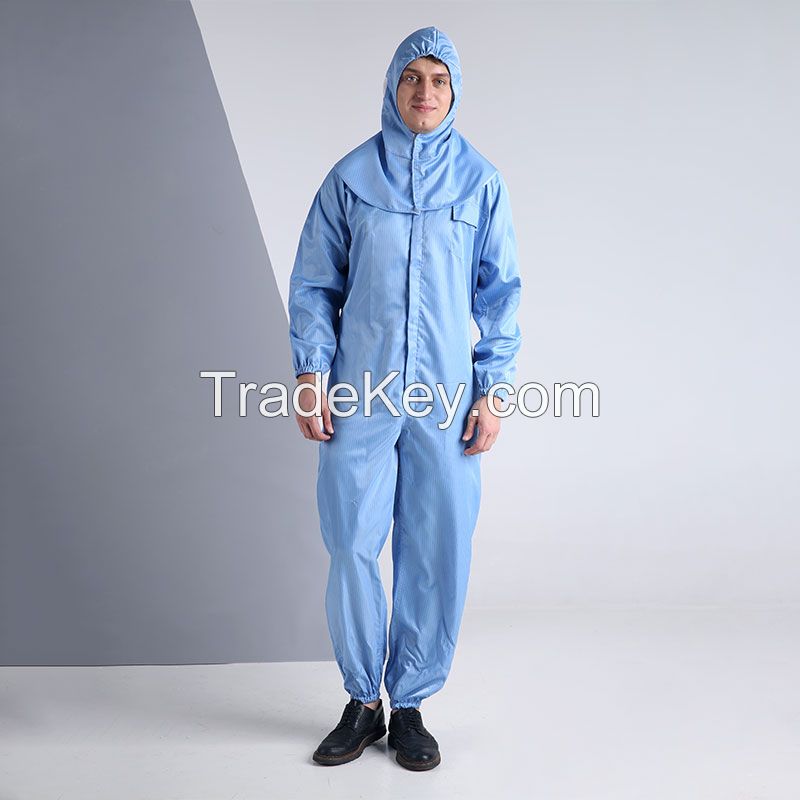 Anti static one piece clothing is one piece style, and the cuffs and cuffs are covered with a hood with elastic tightening band