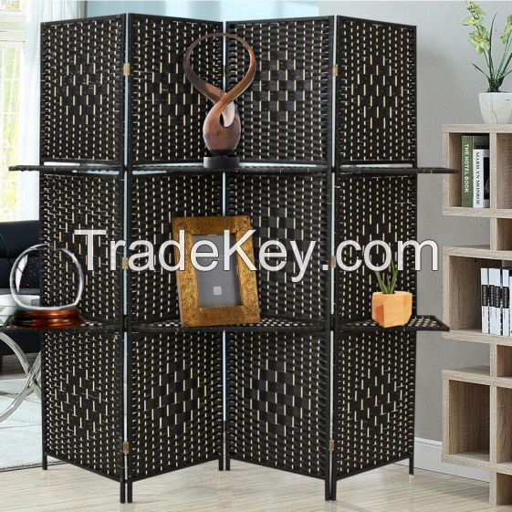 4Panel  Wicker Room Divider With Display Shelf    Foldable Room Divider