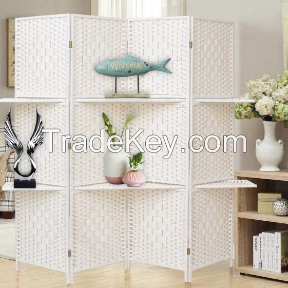 4Panel  Wicker Room Divider With Display Shelf    Foldable Room Divider