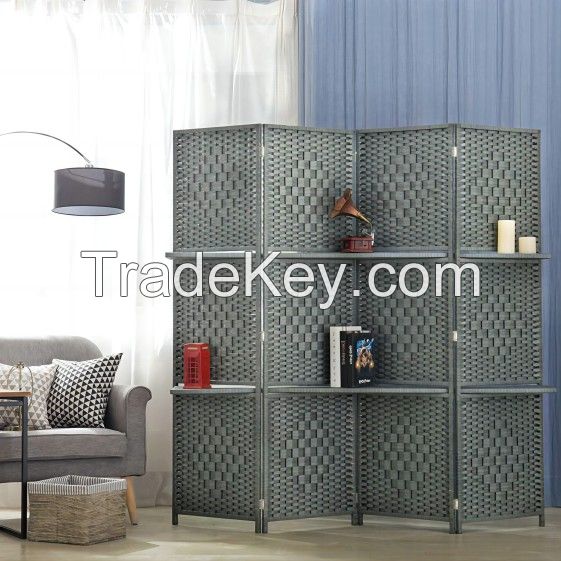 4Panel  Wicker Room Divider With Display Shelf    Foldable Room Divider