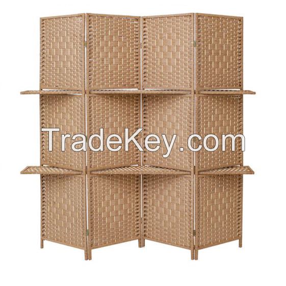 4Panel  Wicker Room Divider With Display Shelf    Foldable Room Divider