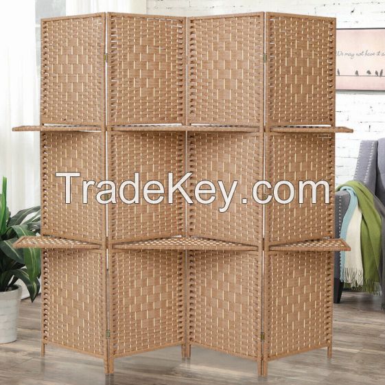 4Panel  Wicker Room Divider With Display Shelf    Foldable Room Divider