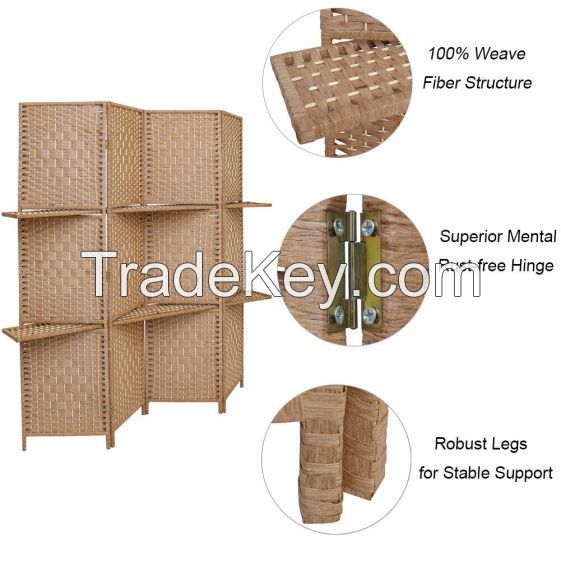 4Panel  Wicker Room Divider With Display Shelf    Foldable Room Divider