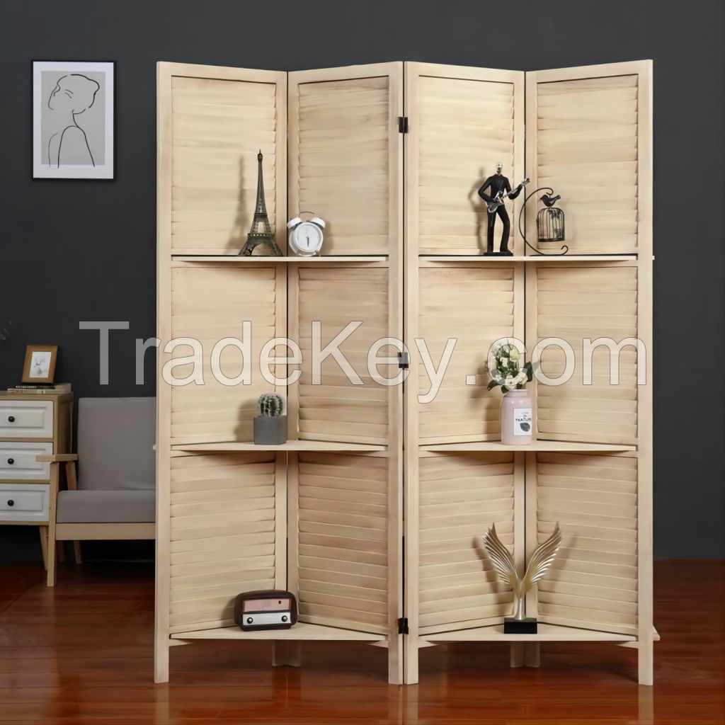 4Panel  Rustic Wood Room Divider With Display Shelf