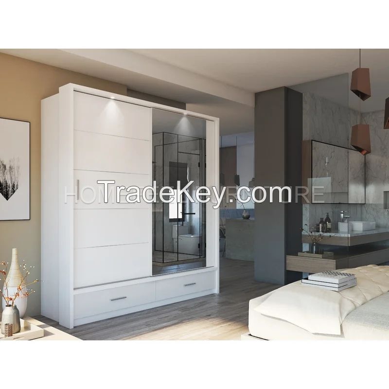 Fashion Home Furniture Sliding Mirror 2 Doors MDF Wooden Bedroom Wardrobe