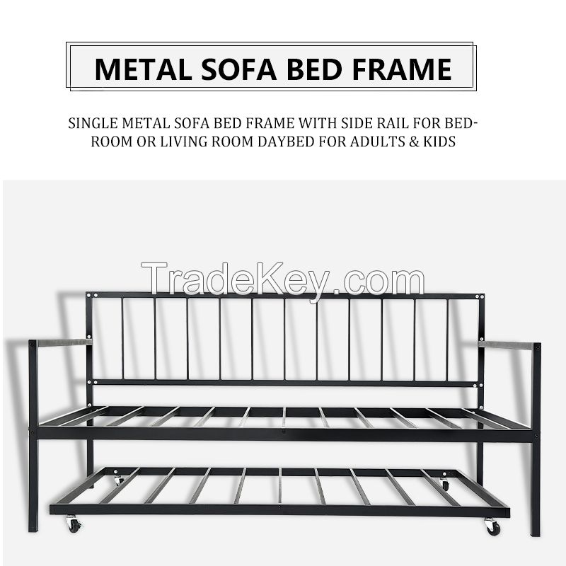 Single metal sofa bed frame with side rail for bedroom or living room daybed for adults & kids.