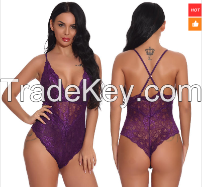 Sling Bodysuit V Neck Lace Snap Button Open Crotch Sexy Lingerie Women Transparent One-piece Underwear