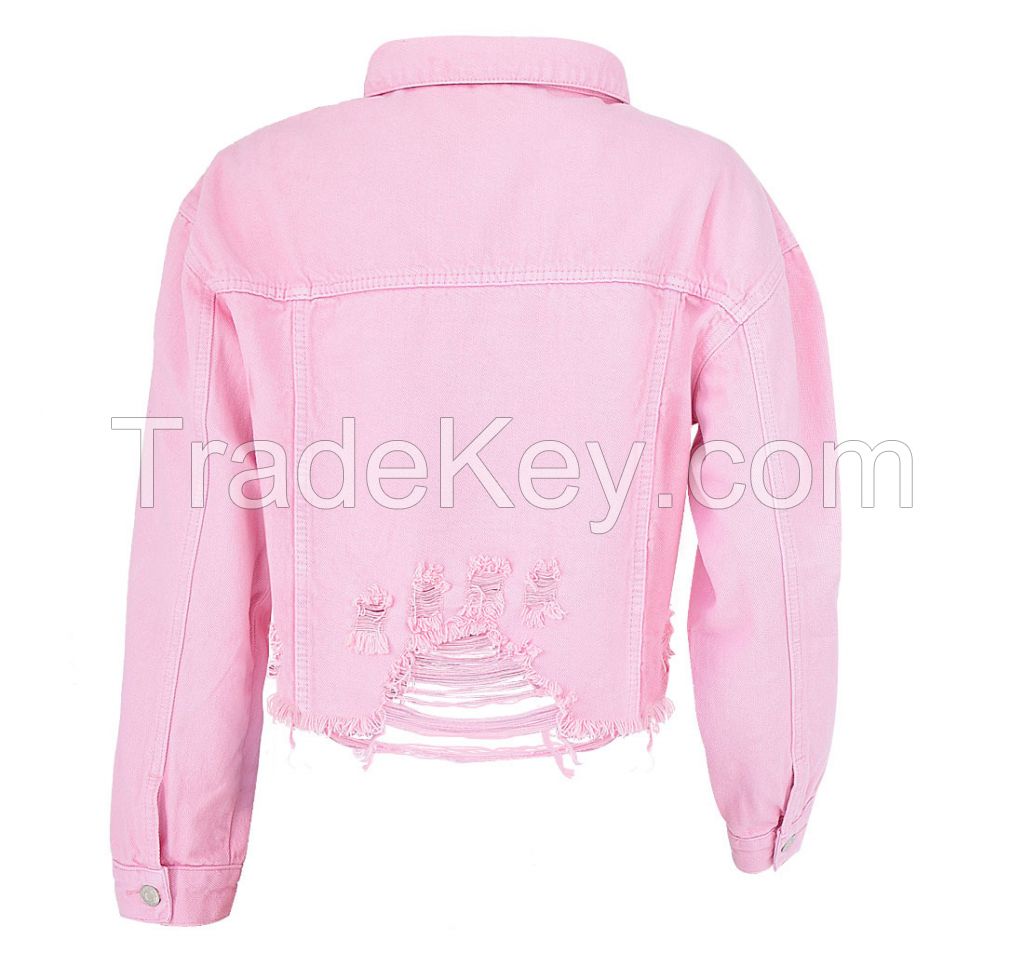 ladies fashion denim jacket short jacket losse fit jeans ripped jeans pink color