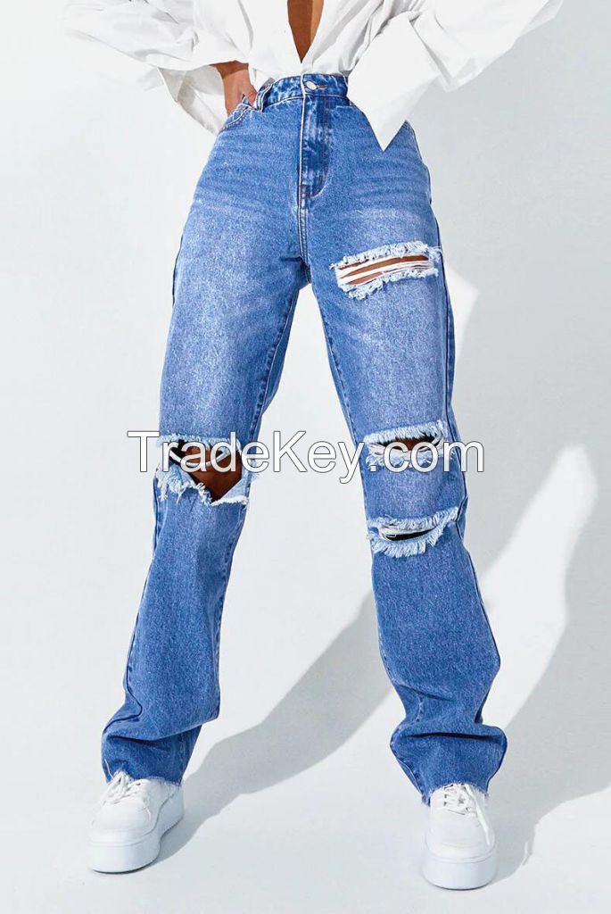 ladies denim pants high waist jeans for women losse fit straight leg jeans ripped jeans medium blue jeans