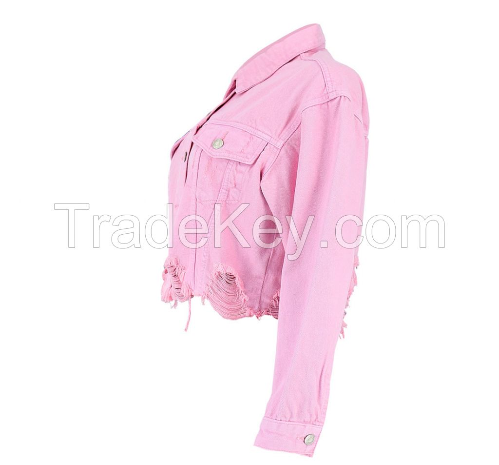 ladies fashion denim jacket short jacket losse fit jeans ripped jeans pink color